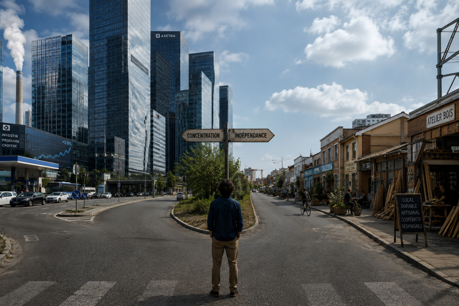 Une personne se tient à un carrefour, devant un panneau à deux flèches. À gauche, « Concentration » mène vers un quartier de tours de verre, une cheminée d'usine et un écran affichant investir, produire, croître. À droite, « Indépendance » mène vers une rue basse d'ateliers et de commerces où passent des cyclistes, avec une enseigne « Atelier bois » et une ardoise annonçant local, durable, artisanal, coopératif, responsable.