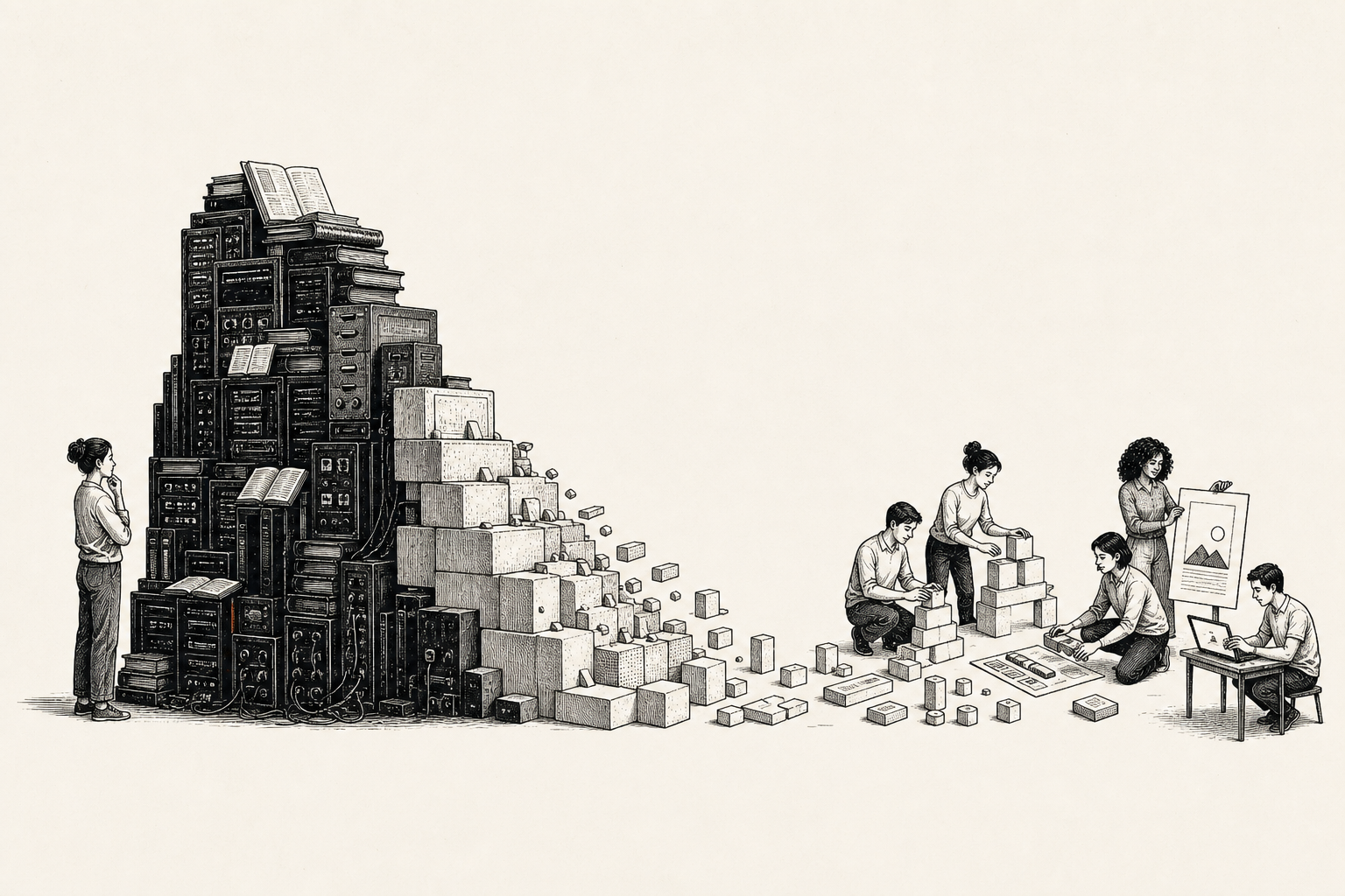 Un mur de machines et de manuels se transforme progressivement en briques simples avec lesquelles plusieurs personnes construisent des prototypes.